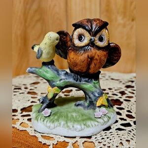 Vintage Lefton Ceramic Owl On Branch With Yellow Bird 3x4 #7989